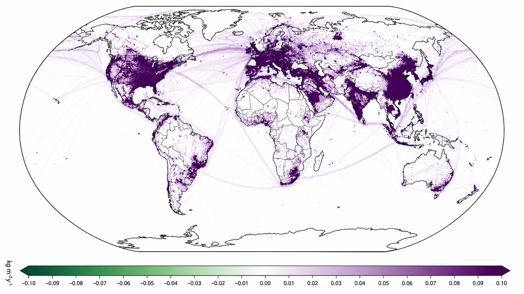 World map simulating atmospheric carbon dioxide in 2040 according to RCP 4.5.
