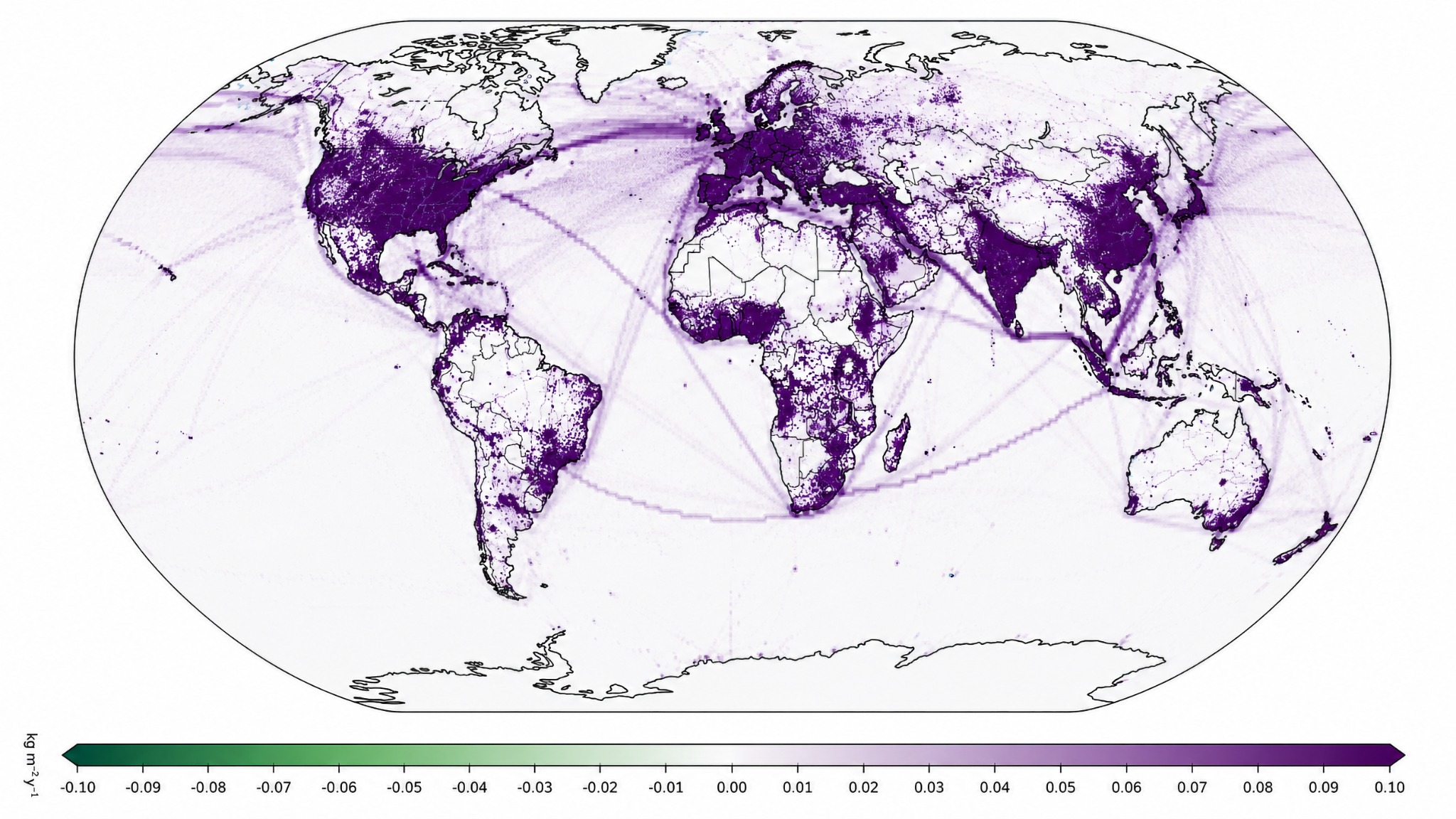World map simulating atmospheric carbon dioxide in 2100 according to RCP 8.5.