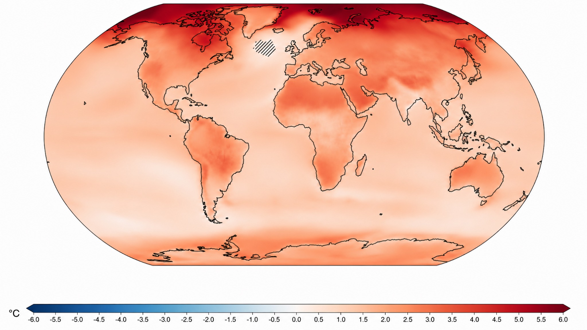 World map simulating regional temperature change when Earth has warmed by 2 degrees Celsius.