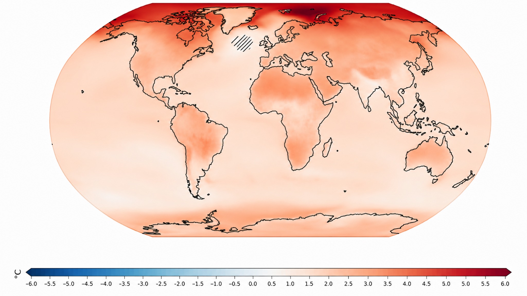 World map simulating regional temperature change when Earth has warmed by 1.5 degrees Celsius.