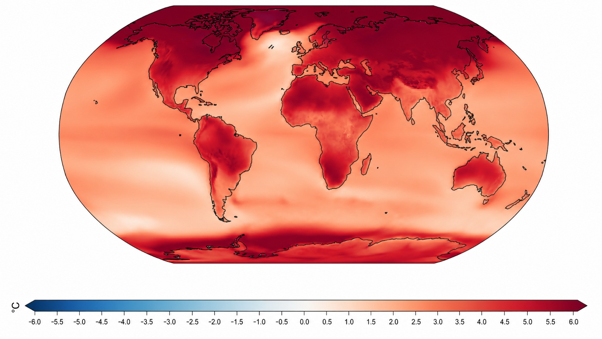 World map simulating regional temperature change when Earth has warmed by 4 degrees Celsius.