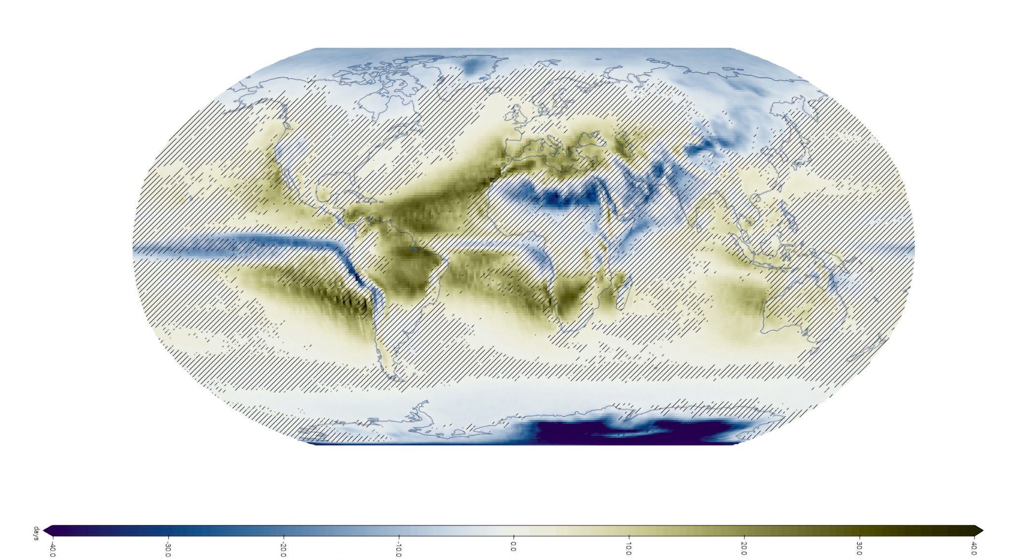 World map simulating changes in consecutive dry days with 3 degrees Celsius of warming under SSP5-8.5.