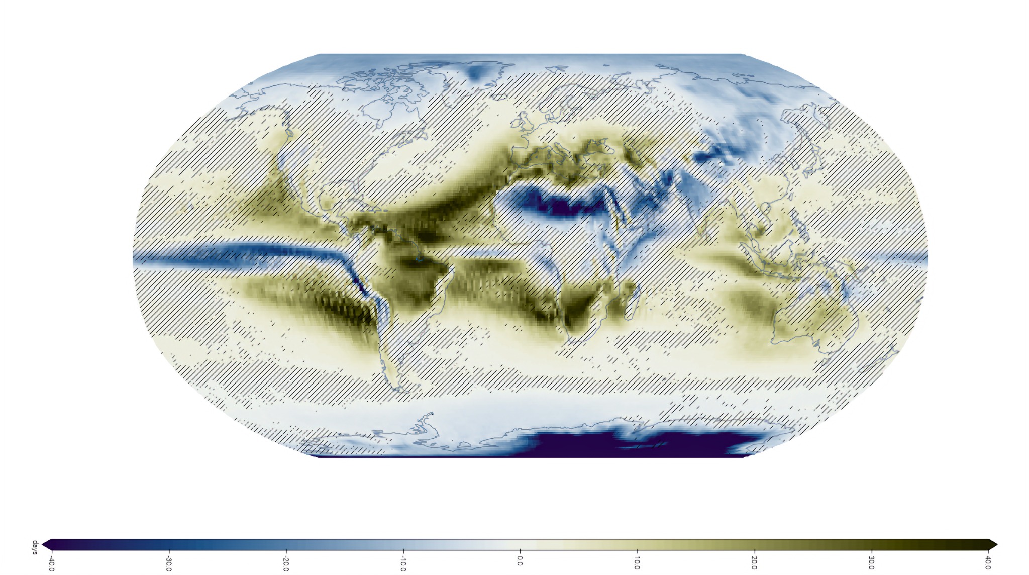 World map simulating changes in consecutive dry days with 4 degrees Celsius of warming under SSP5-8.5.