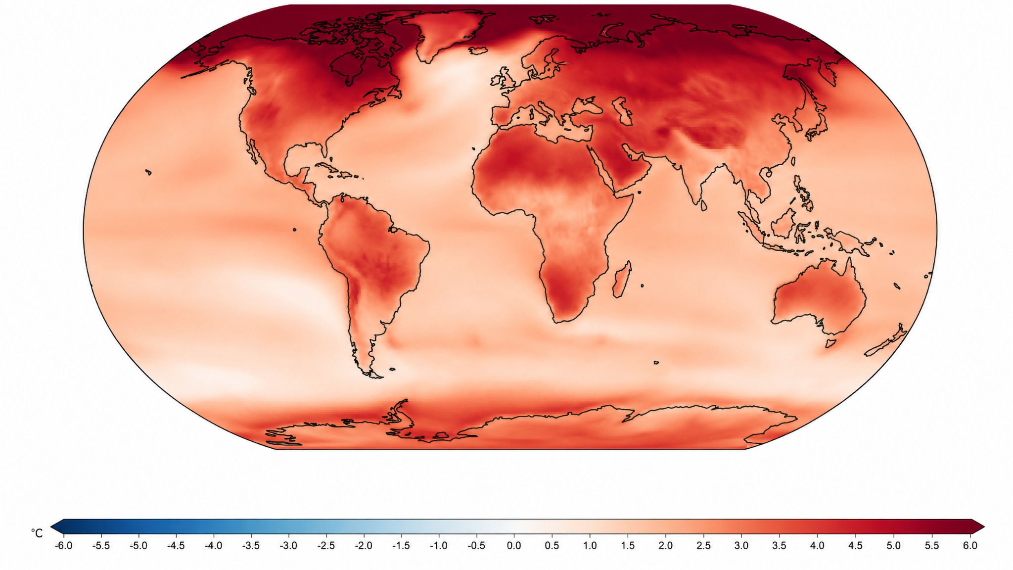 World map simulating regional temperature change when Earth has warmed by 3 degrees Celsius.