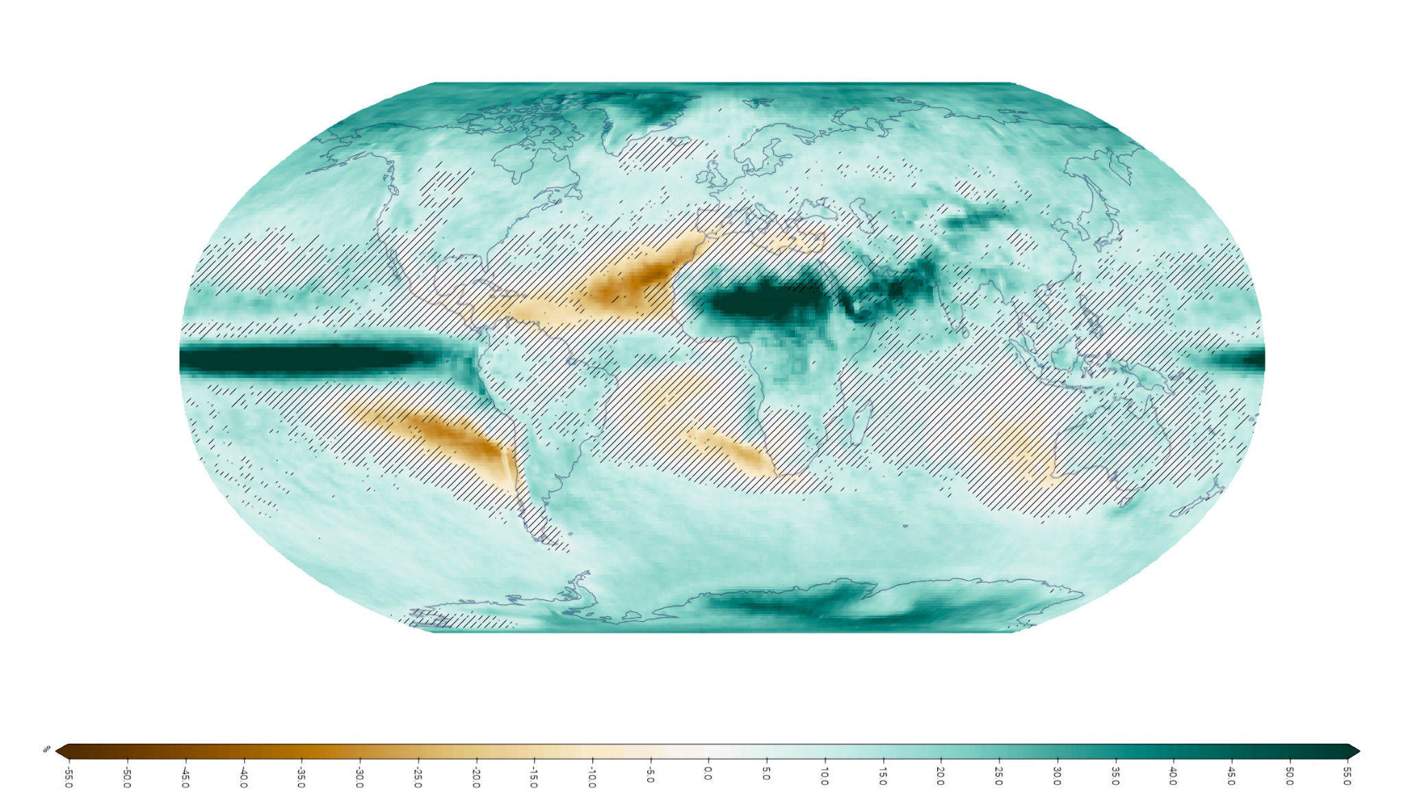 World map simulating changes in maximum five-day precipitation in 2100 with 3 degrees Celsius of warming under SSP5-8.5.