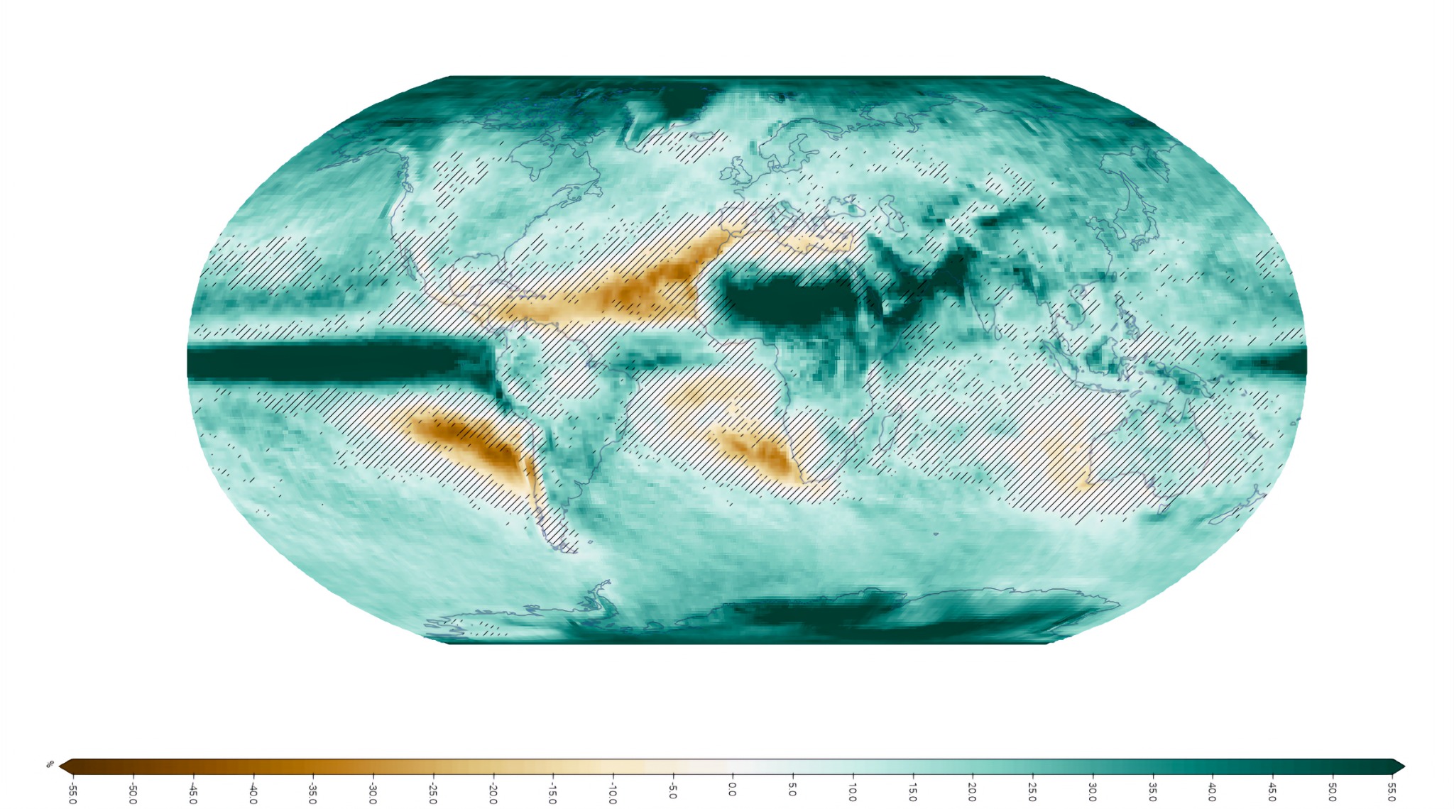 World map simulating changes in maximum five-day precipitation in 2100 with 4 degrees Celsius of warming under SSP5-8.5.