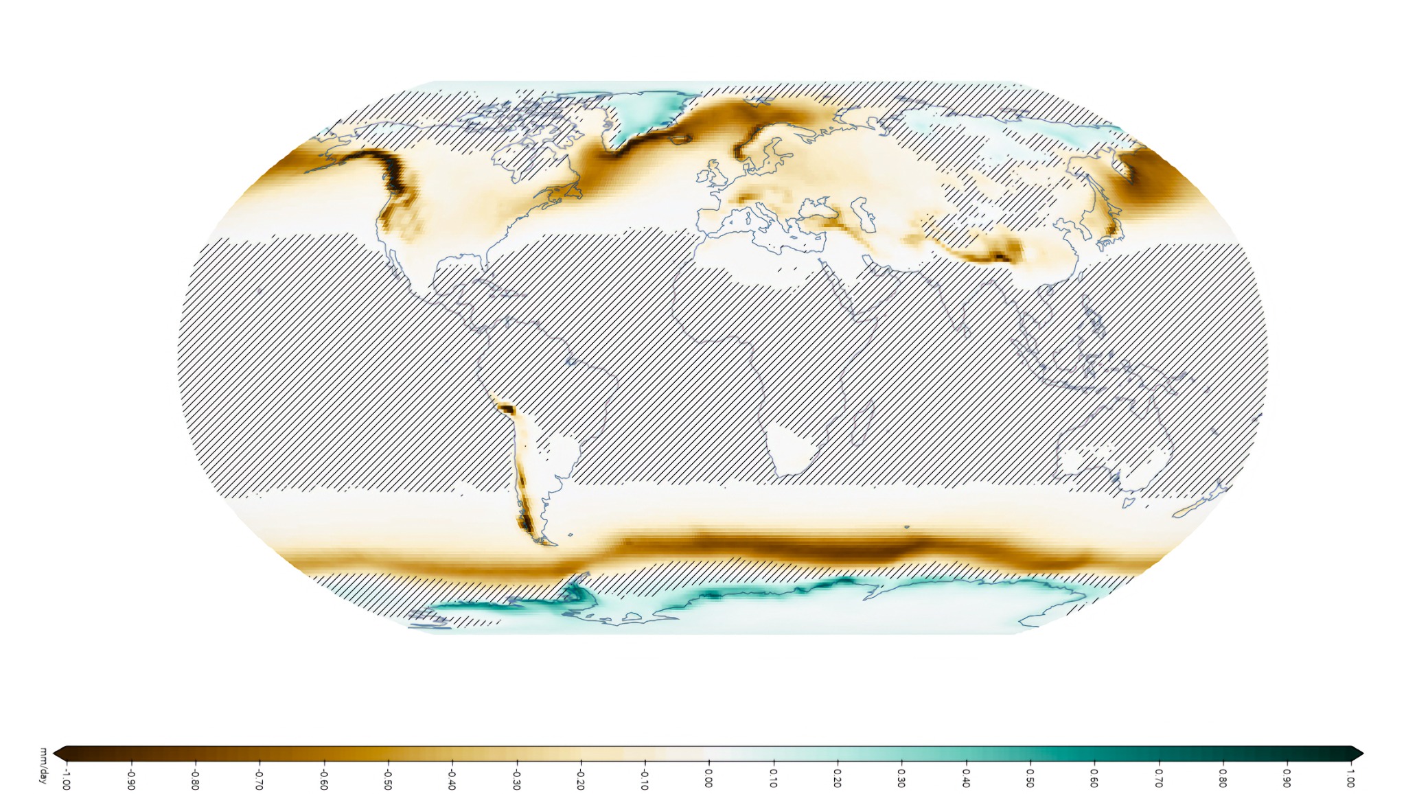 World map simulating where snowfall increases and declines in 2100 with 4 degrees Celsius of warming under SSP5-8.5.