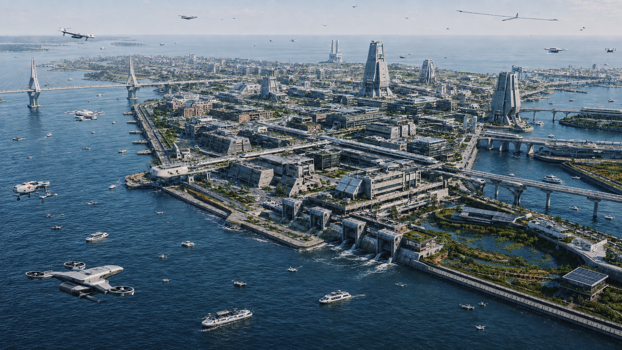 Aerial view of a rebuilt Charleston in 2100, with durable futuristic architecture, extensive waterways and bridges, and varied aerial vehicles.