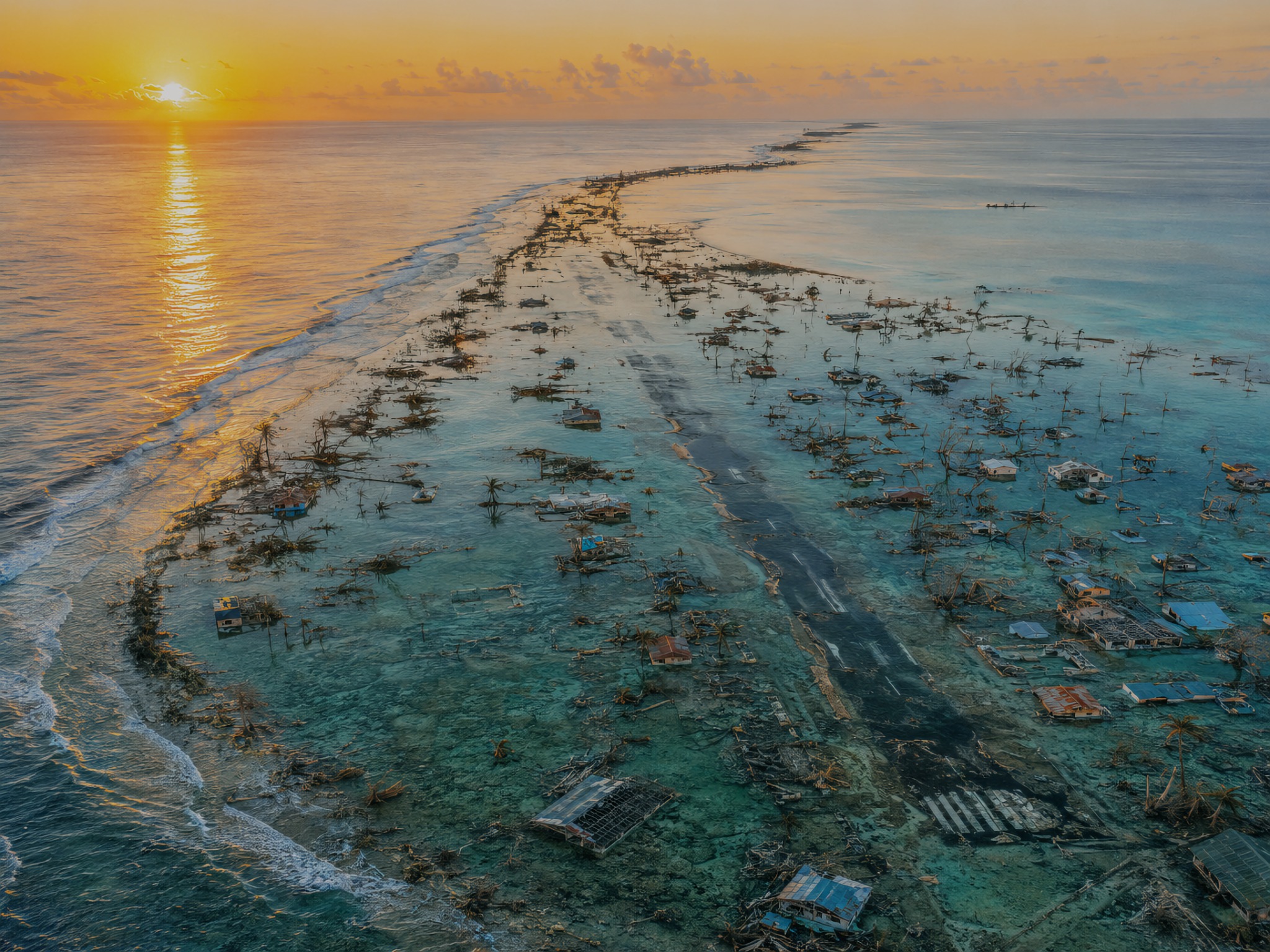 Aerial view of the flooded ruins of Funafuti International Airport and abandoned buildings across the Tuvaluan atoll at sunrise.