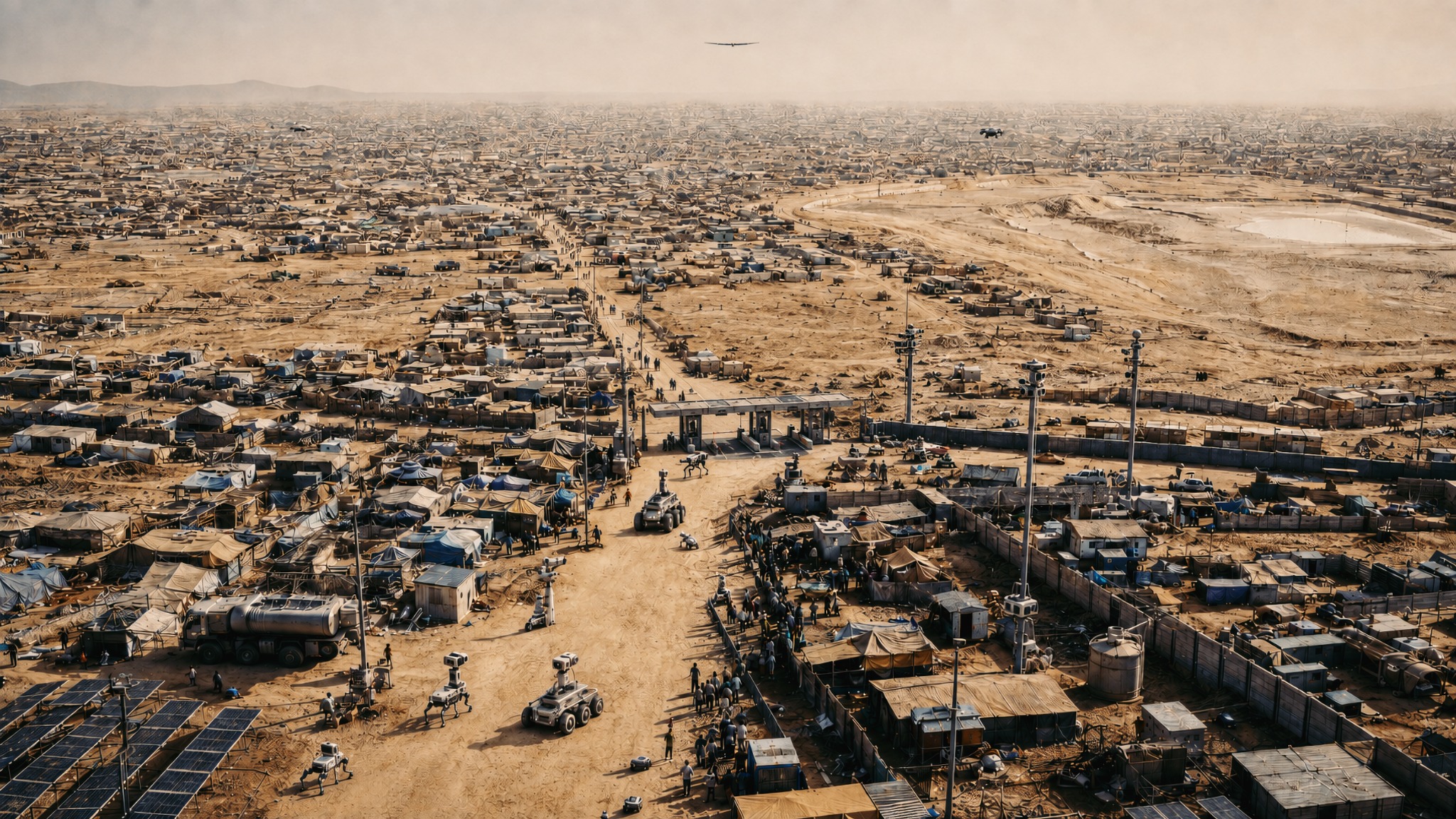 Aerial view of a vast migrant settlement near In Guezzam, Algeria, in 2073, with tents, surveillance robots, drones, solar panels, and dusty roads stretching toward the horizon.