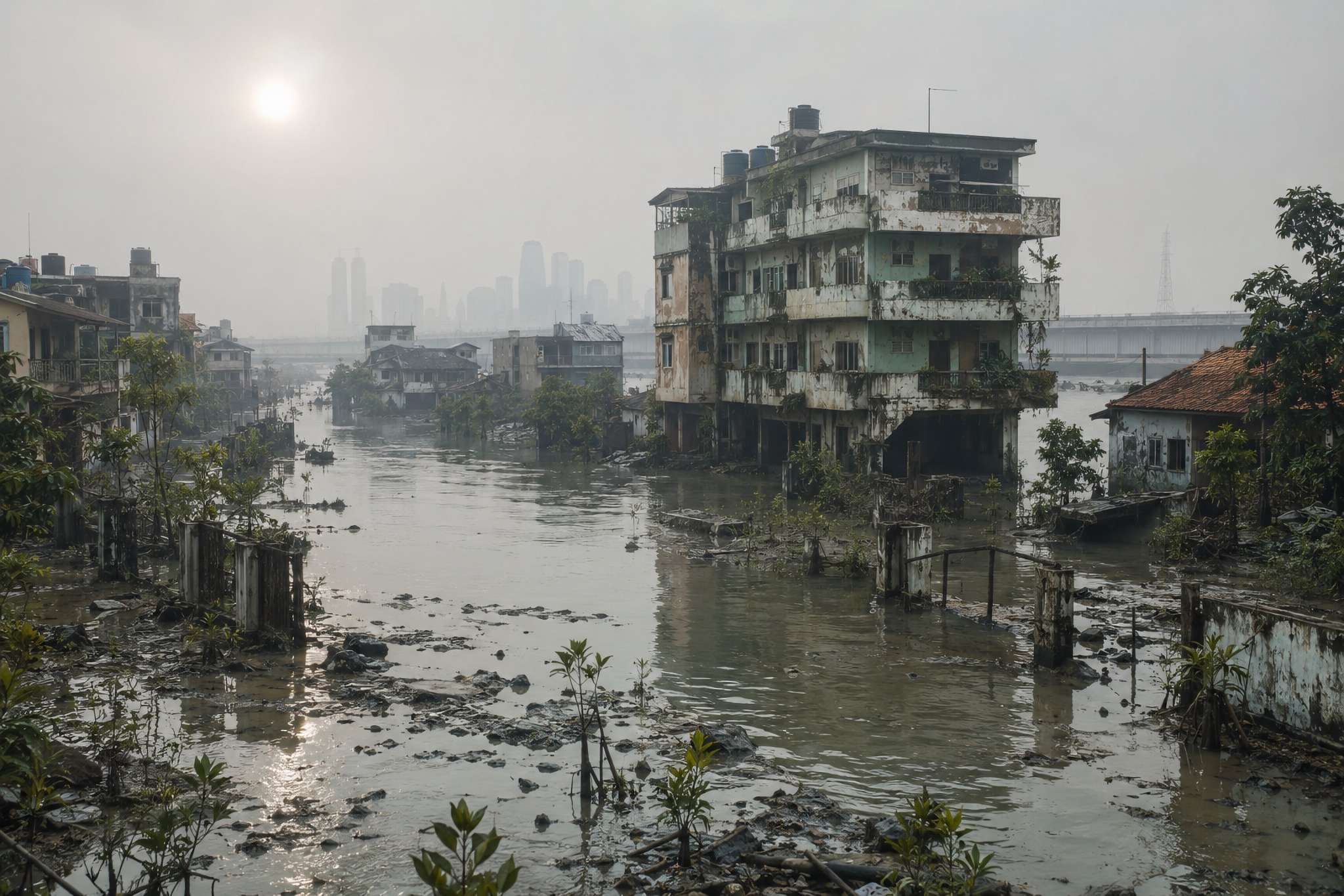 A tourist's photograph of a partially submerged apartment building in Jakarta at low tide on May 5, 2099.