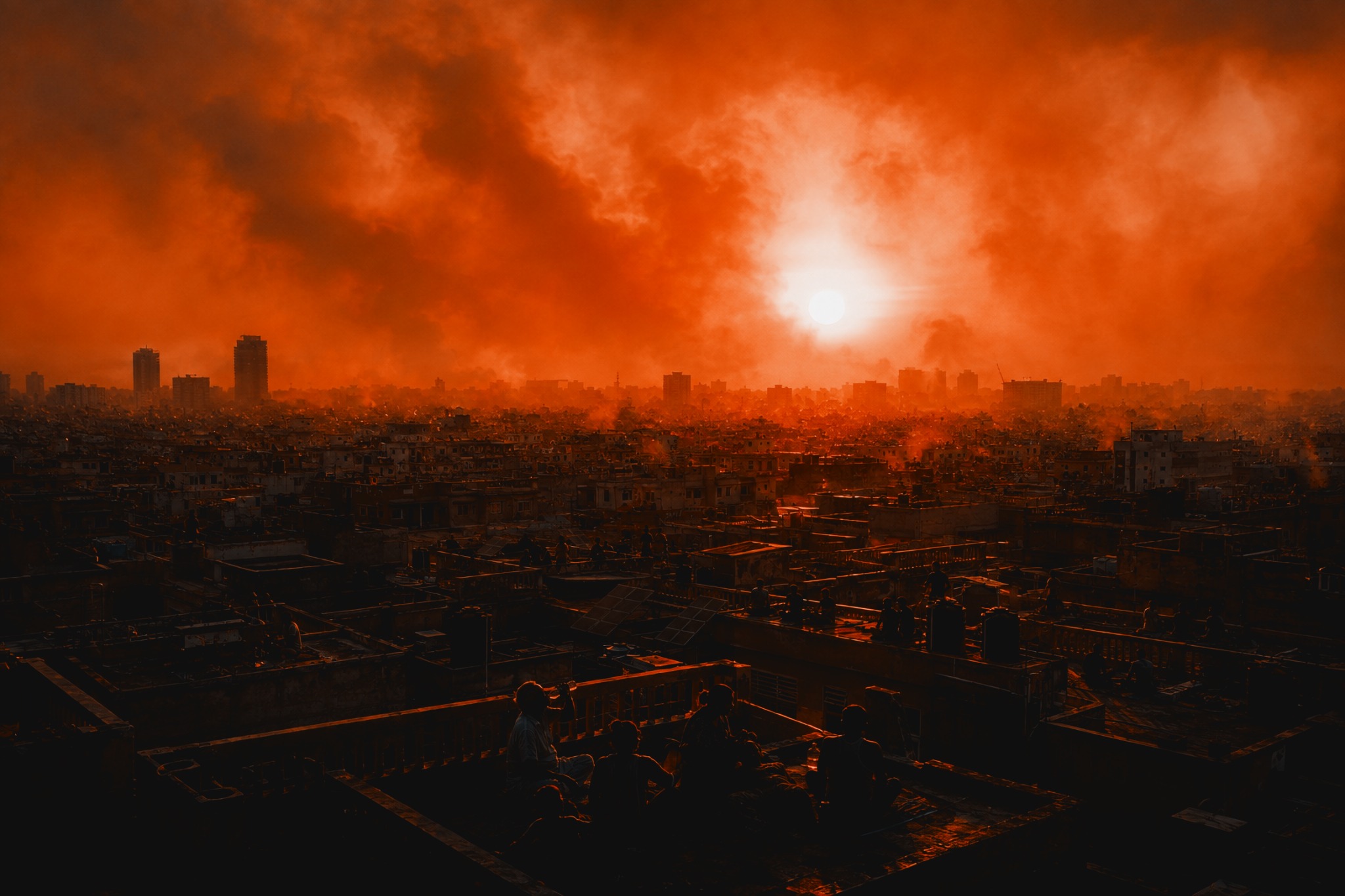 People seeking relief on rooftops across Karachi after the hottest day of the Great Humid Disaster on June 2, 2090.