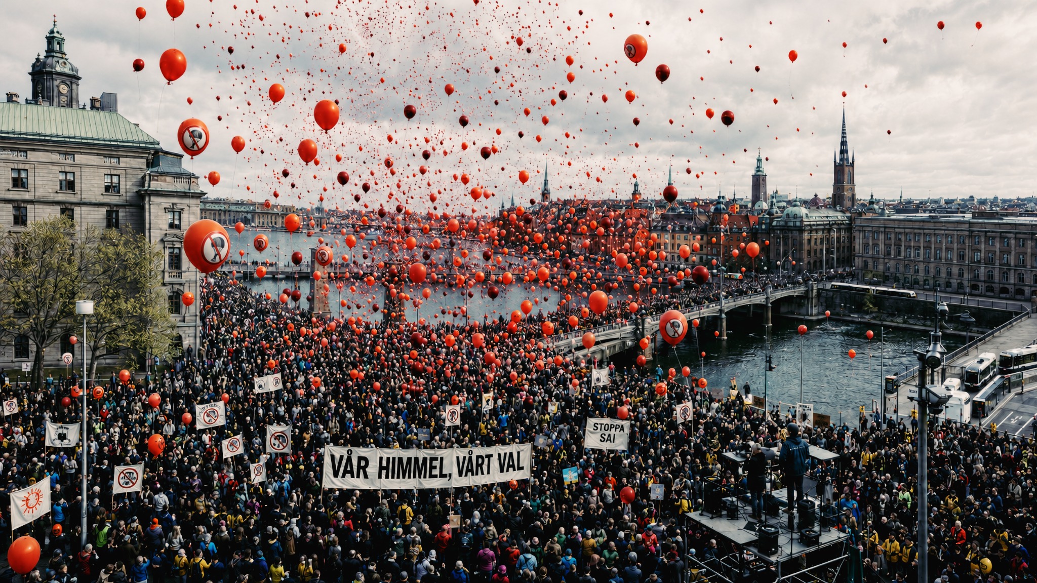 A large protest in Stockholm on April 9, 2050, with thousands of people releasing red helium balloons to oppose geoengineering experiments.
